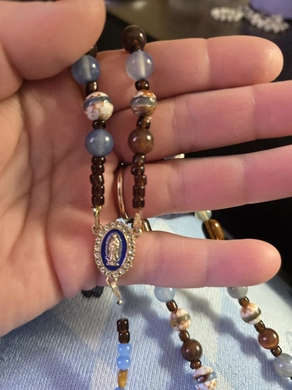 Rosary Handcrafted Blue and Brown Saint Medal Rosary Necklace